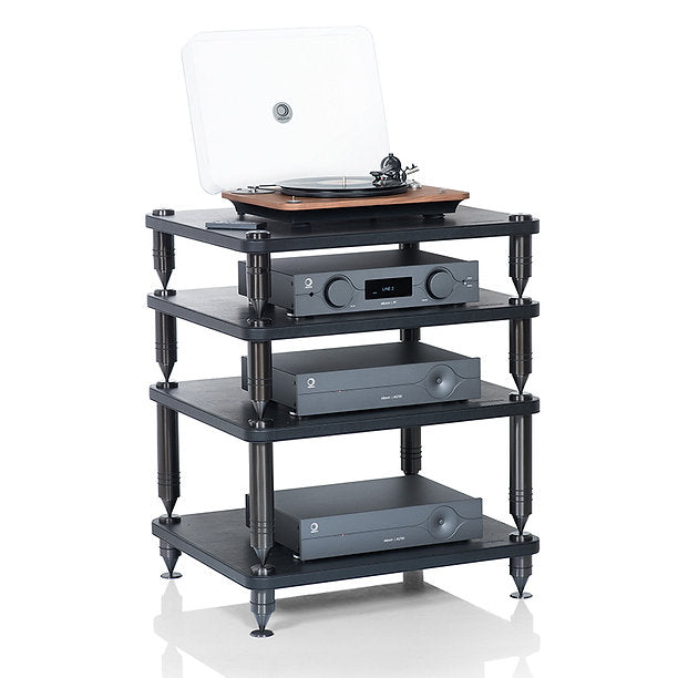 NorStone COMO 2 HiFi-Rack zur vibrationsarmen Aufstellung von Verstärkern, Streamern und weiteren Audiokomponenten.