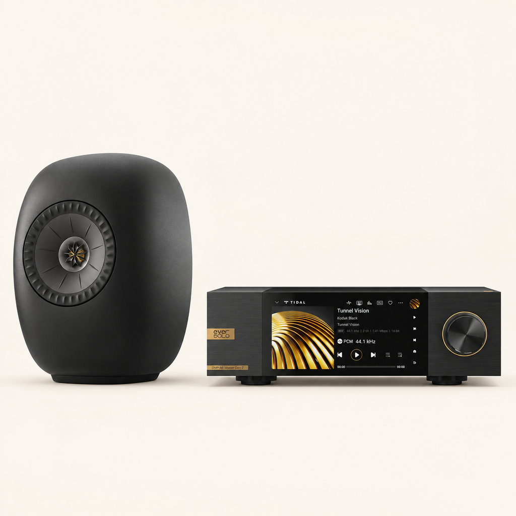 Illustration des Bundles mit KEF LS LUXE in Eclipse Black und EverSolo DMP-A6 Gen 2 Master Edition in Schwarz